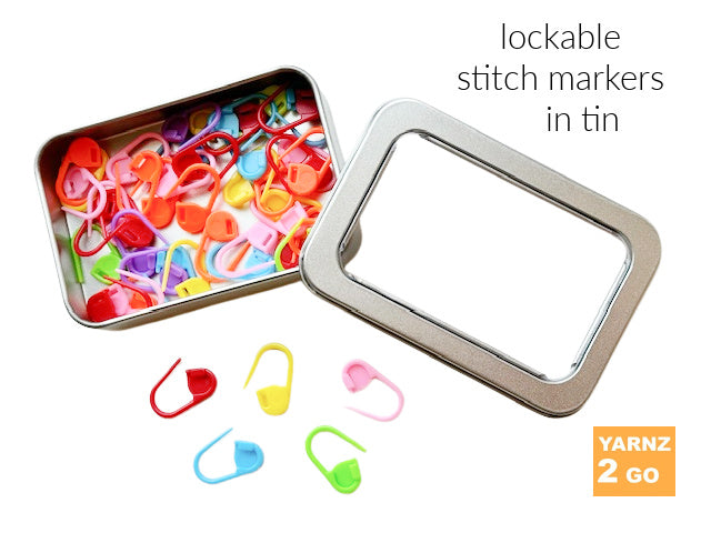 Lockable stitch markers in a tin